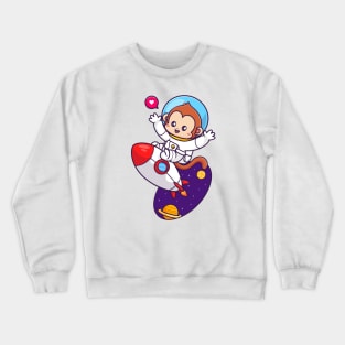 Cute Monkey Astronaut Flying With Rocket In Space Cartoon Crewneck Sweatshirt